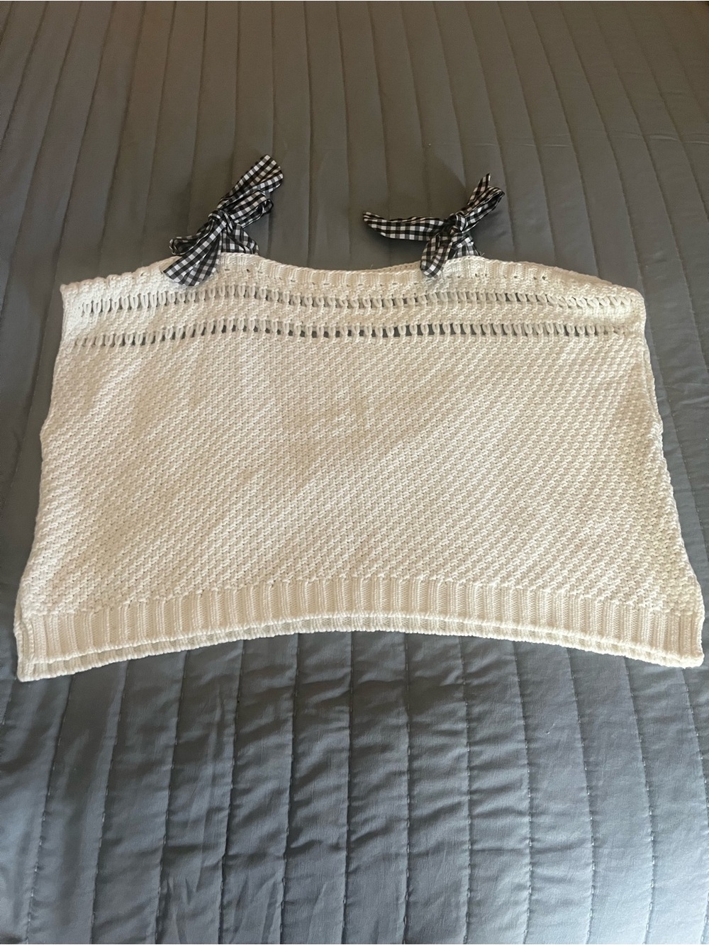 Anthropologie Maeve Gingham Ribbon-Sleeve Sweater Top …XS—White Crochet Knit